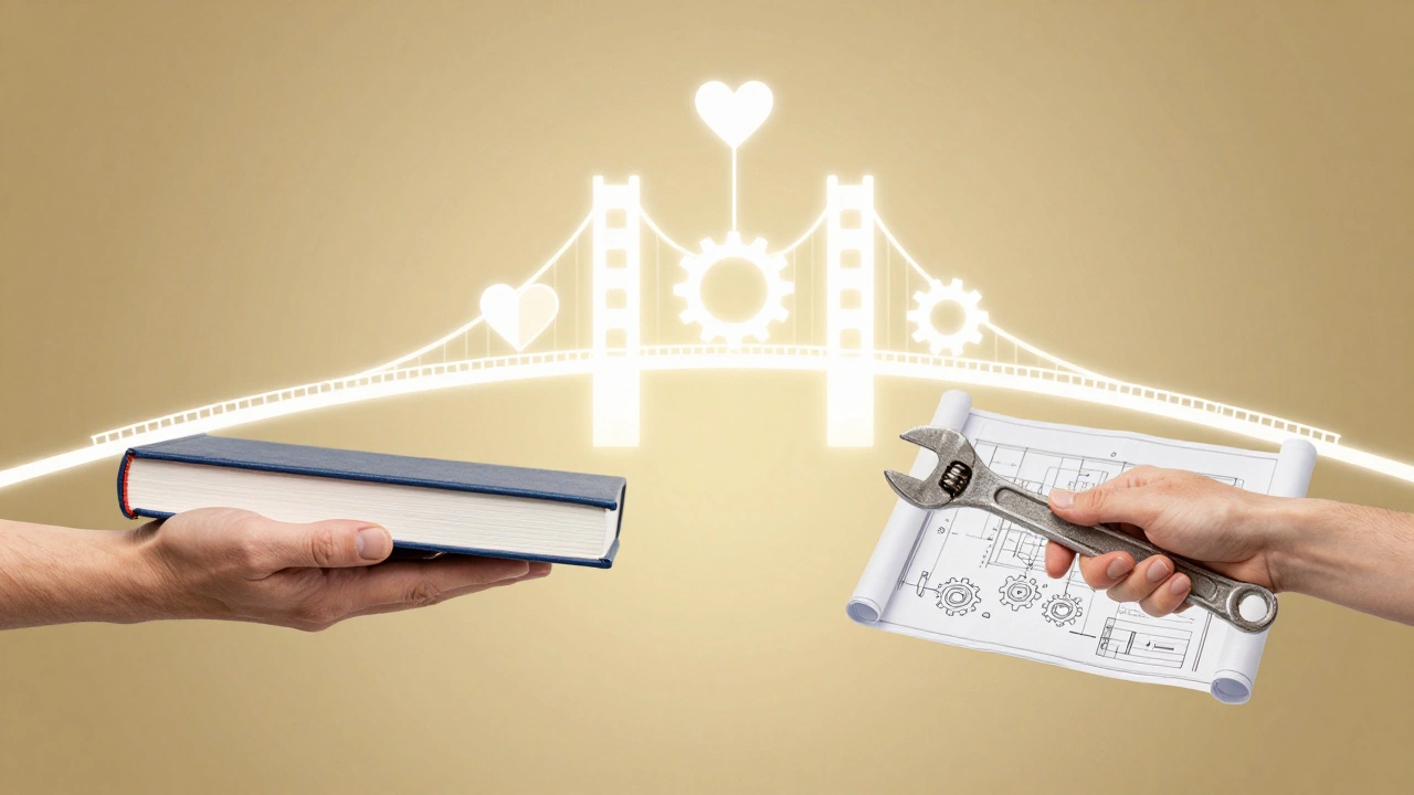 Two hands connecting across a bridge of hearts and gears, symbolizing volunteer styles.