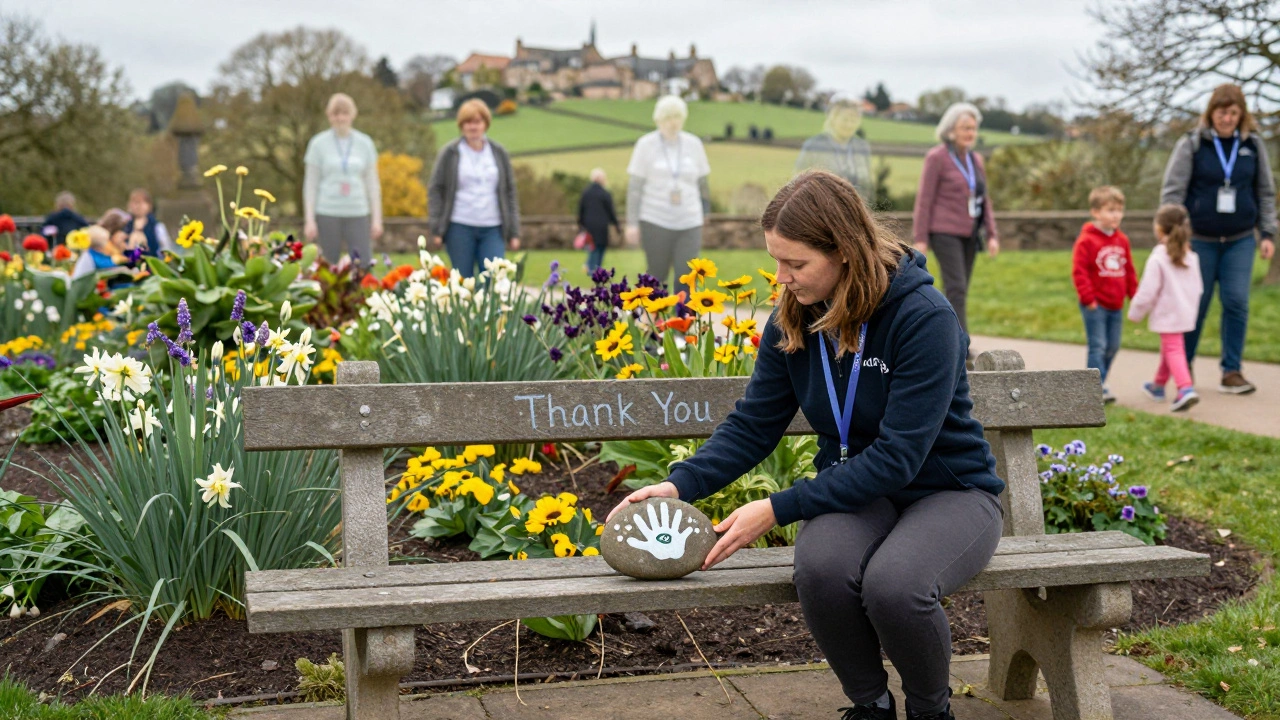 Volunteer placing a thank-you stone on a park bench surrounded by blooming plants and children.