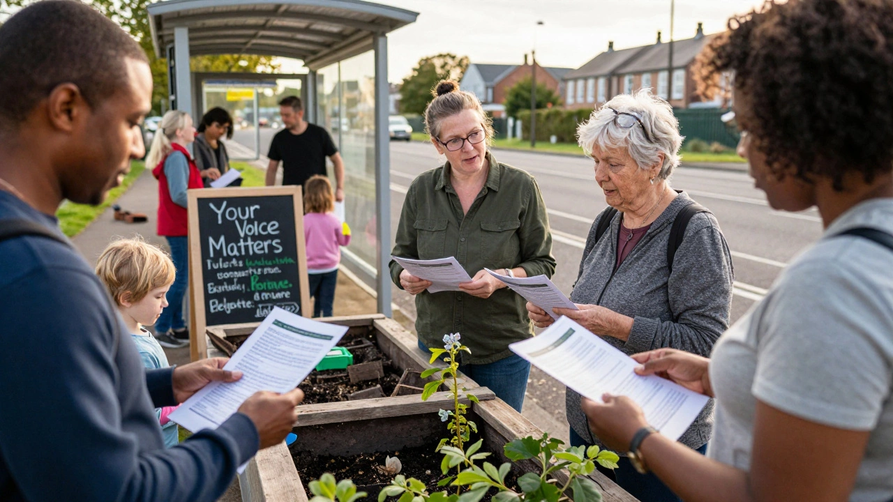 Volunteers handing out multilingual surveys at a bus stop in Dundee.