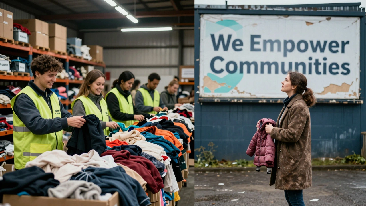 Volunteers sort clothes in a warehouse while a woman outside stares at a peeling charity billboard reading 'We Empower Communities'.