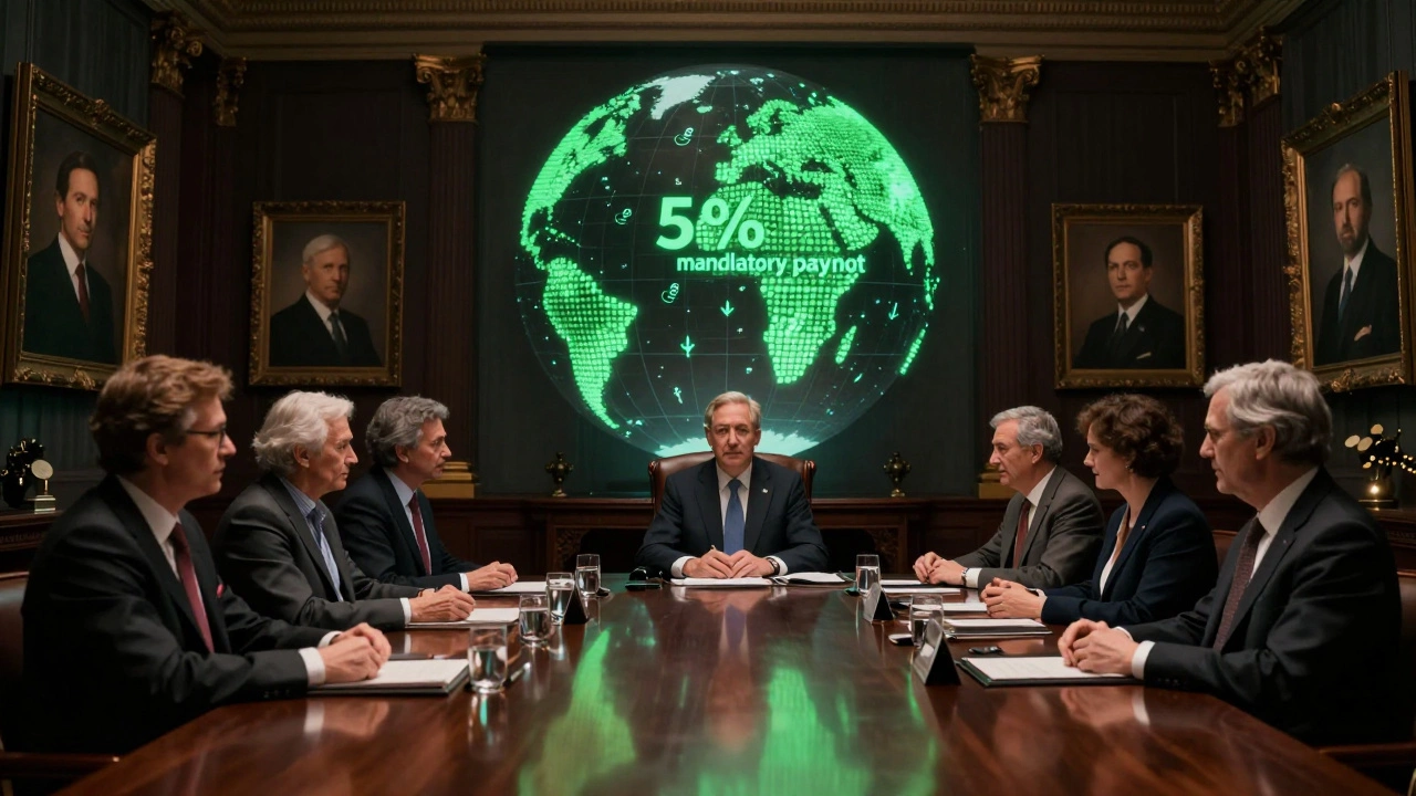 A billionaire in a grand boardroom with a globe showing only 5% of wealth being granted.