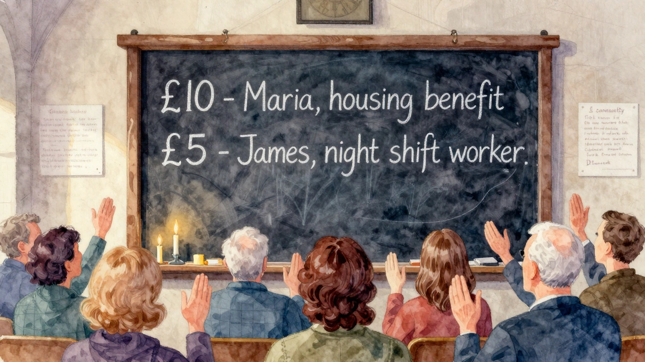 A chalkboard in a church lists small donations from low-income members, illuminated by candlelight.