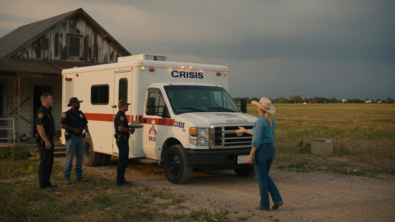 A crisis counselor approaches a rancher in a mobile unit during sunset in rural Texas.