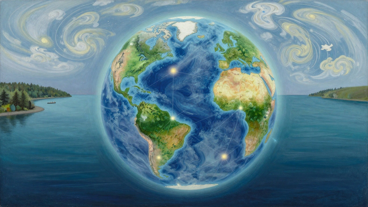 A glowing Earth with interconnected light threads linking Scottish landscapes to global ecosystems.