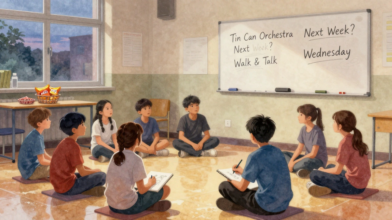 A group of kids listening to a story in a school hall, one drawing while others gaze thoughtfully.
