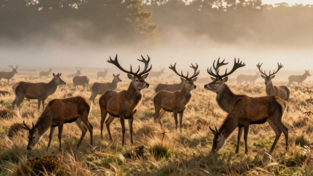 A group of red deer in a misty Scottish glen at dawn, standing among swaying grasses under golden light.