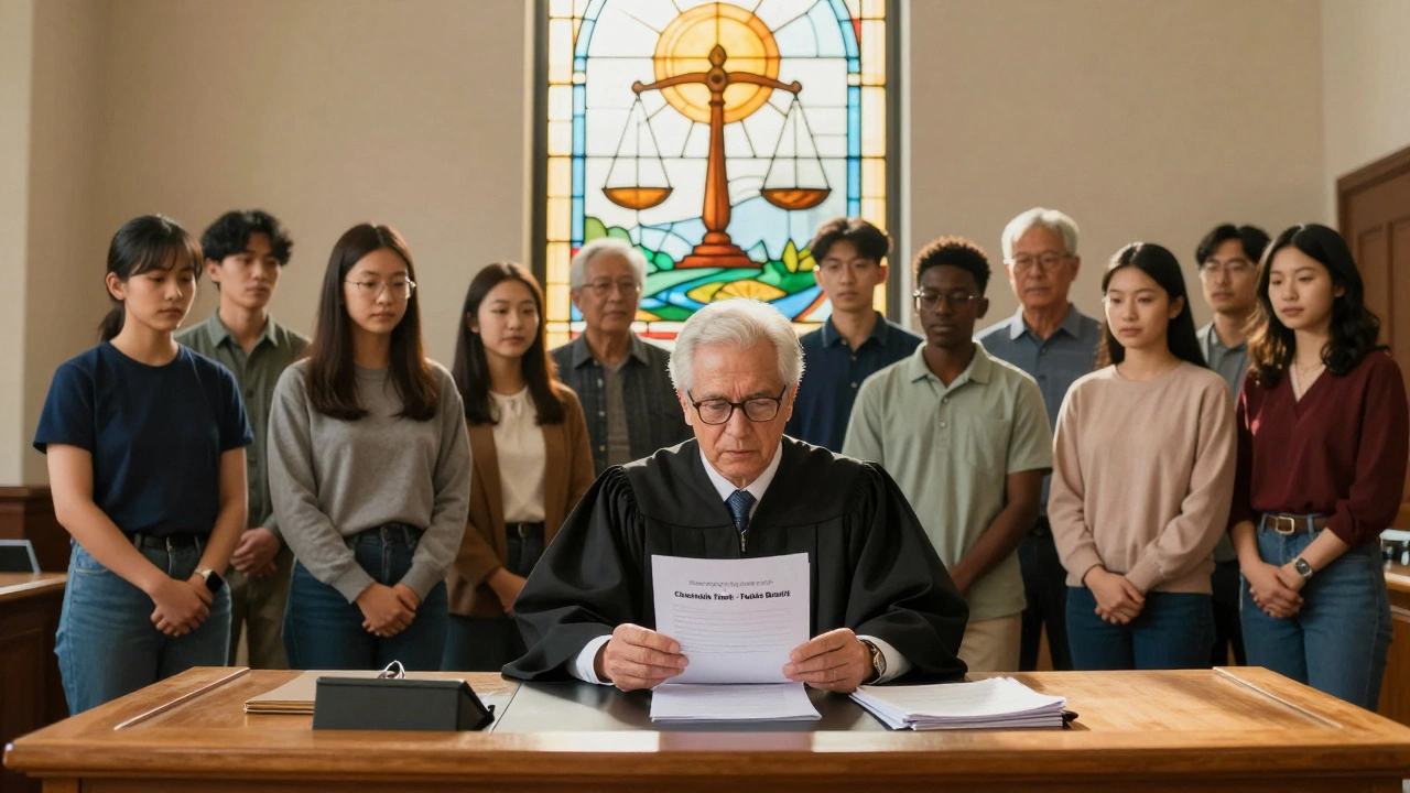 A judge reviewing a charitable trust case as diverse community members look on in a sunlit courtroom.