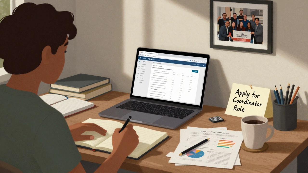 A person in a nonprofit office reviewing impact reports and donor data, with a note about applying for a paid role.