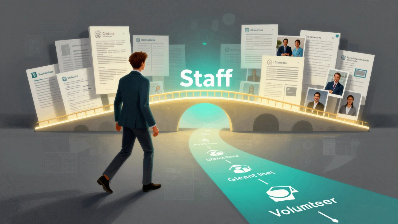 A person stepping from volunteer shadows into a bright professional space, with a path of impact icons behind them.