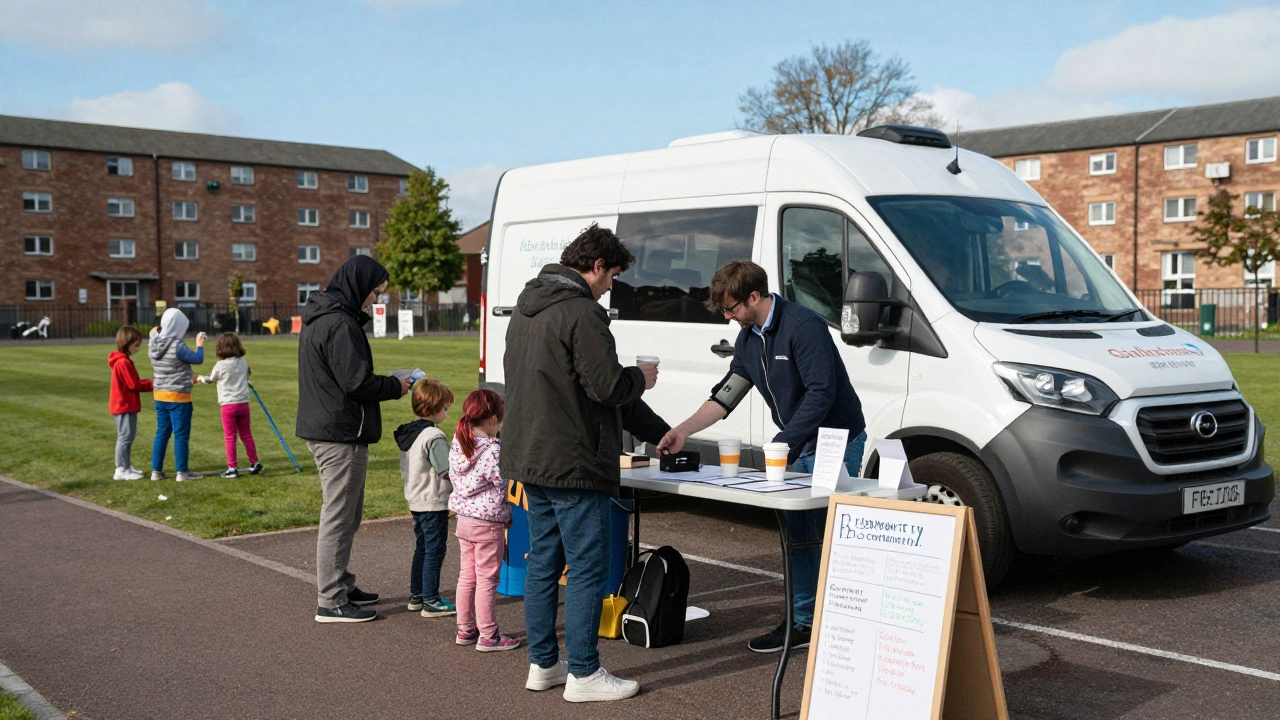 A pop-up service day in a park with a health van, coffee, and community stories.