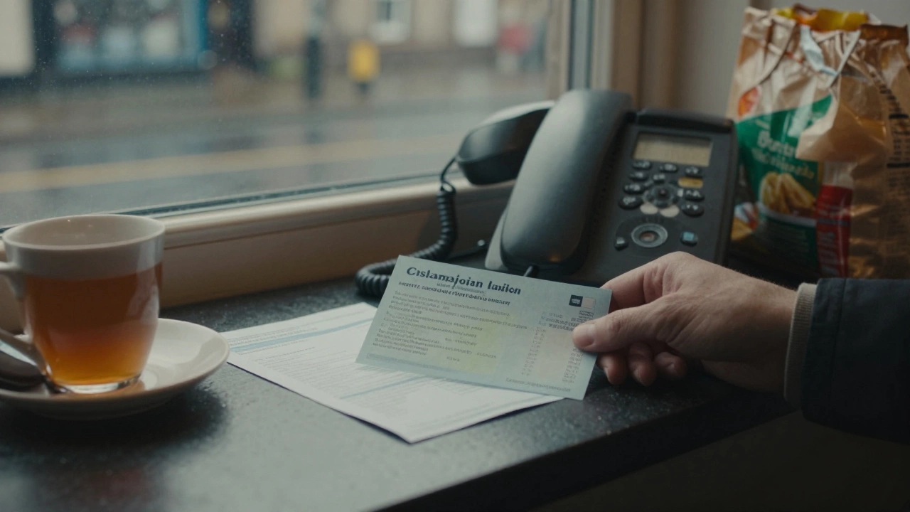 A referral voucher and utility bill on a counter with a bag of groceries and tea in the background.