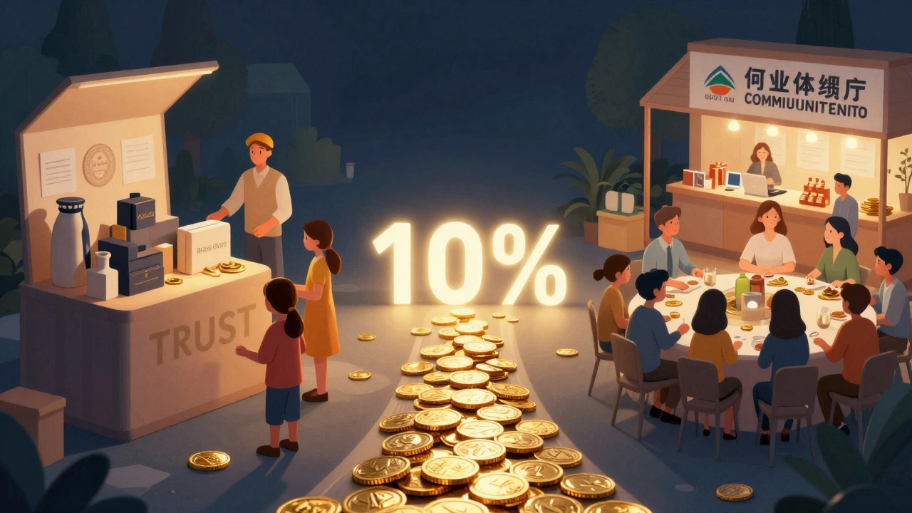 A split scene showing family benefits on one side and community charity impact on the other, connected by golden coins representing the 10% rule.