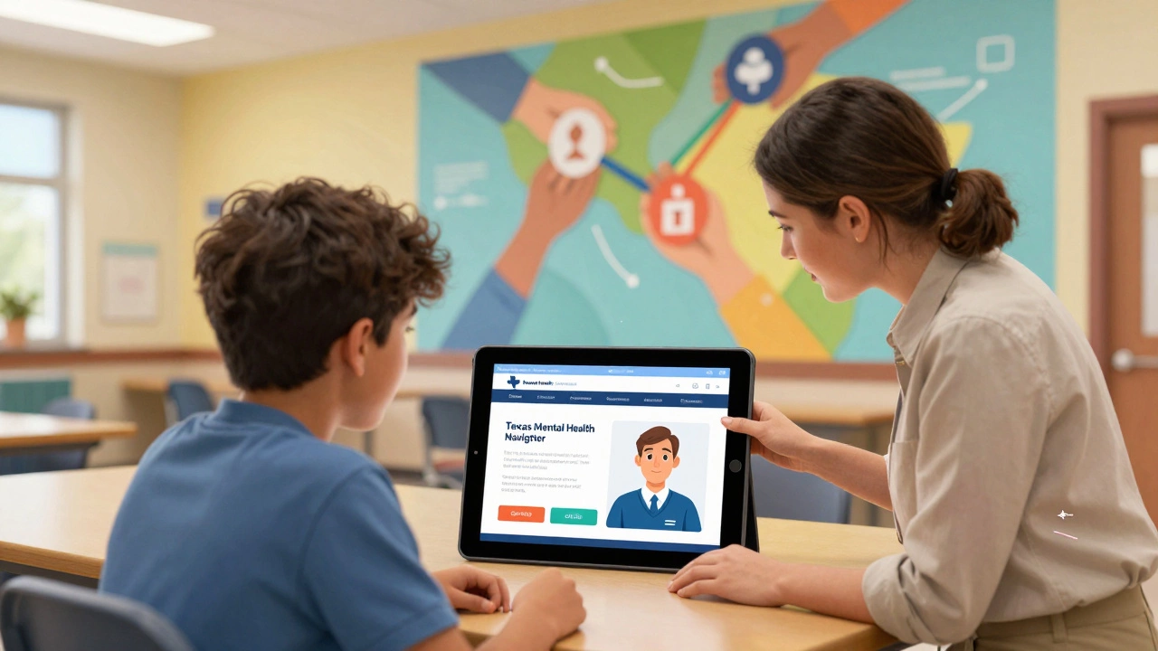 A student and teacher use a digital tool to find mental health resources in Texas.