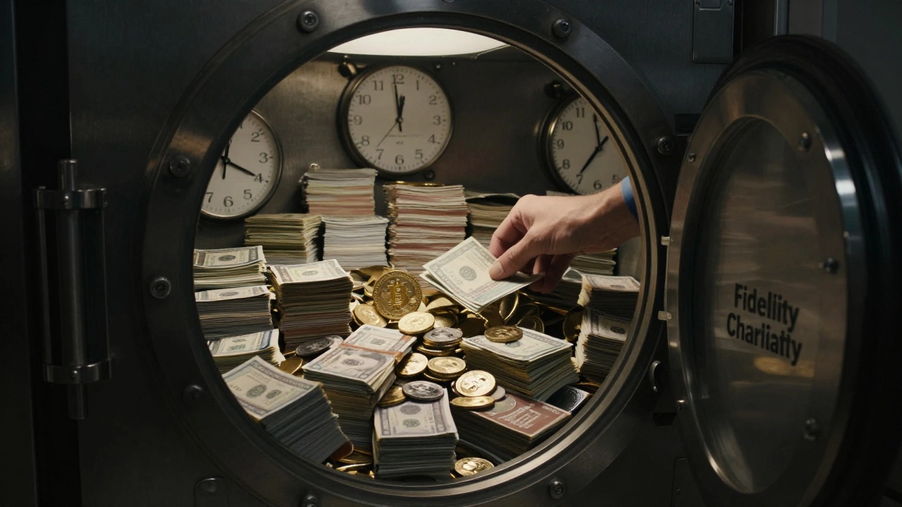 A vault labeled 'Donor-Advised Fund' filled with unspent assets, clocks showing delayed grants.