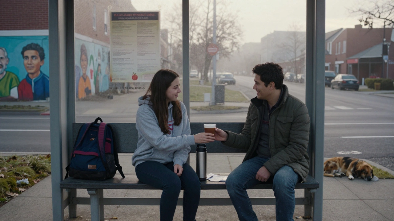 A volunteer offering a warm drink at a bus stop, building trust through quiet, consistent presence.