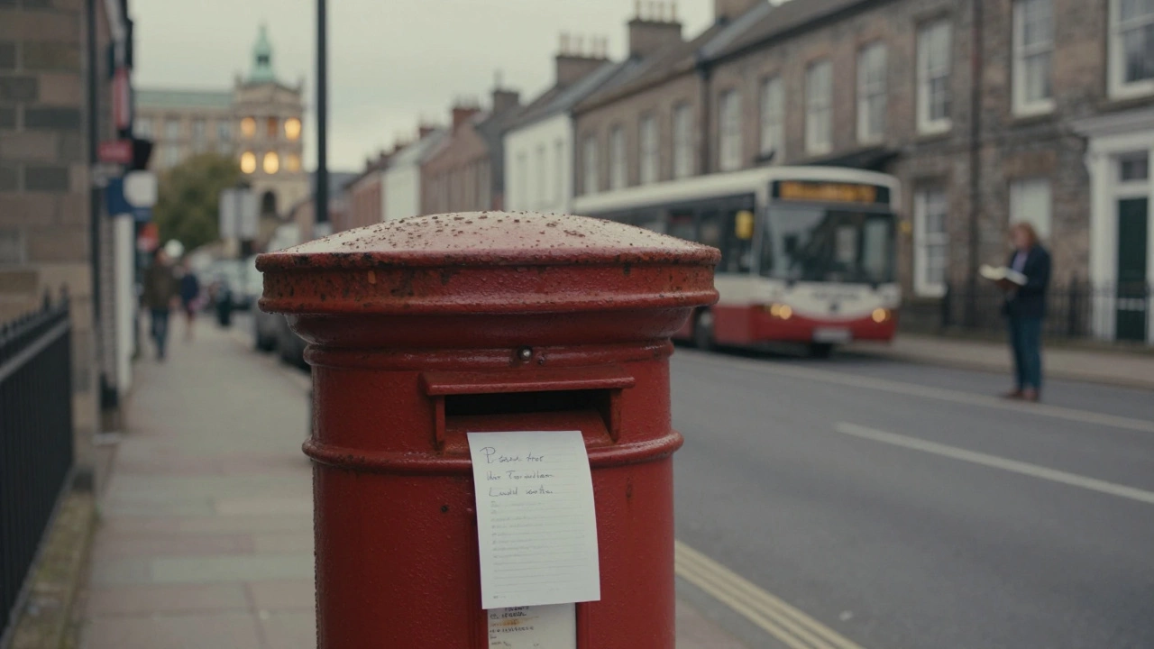 A weathered PO box in Carlisle with a handwritten letter inside, near a quiet library and a bus stop.