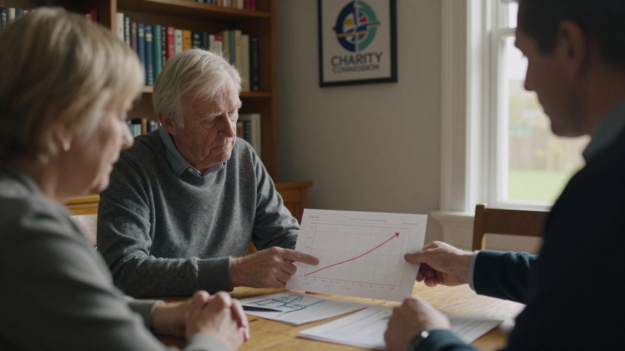 An elderly couple and solicitor reviewing trust finances with a chart showing the 10% charitable threshold.