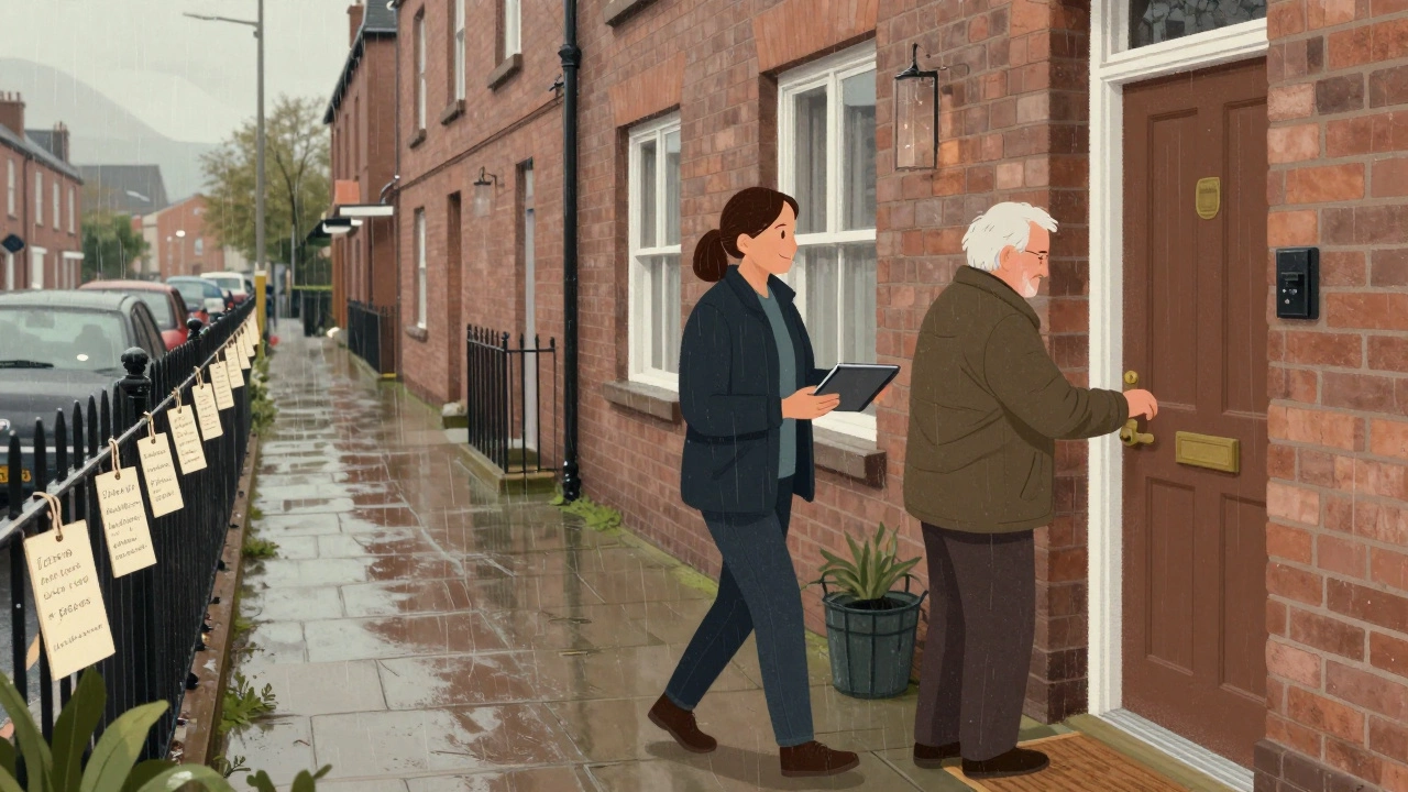 An outreach coordinator visits a senior at home in Glasgow, tablet in hand, name tags lining the fence behind them.