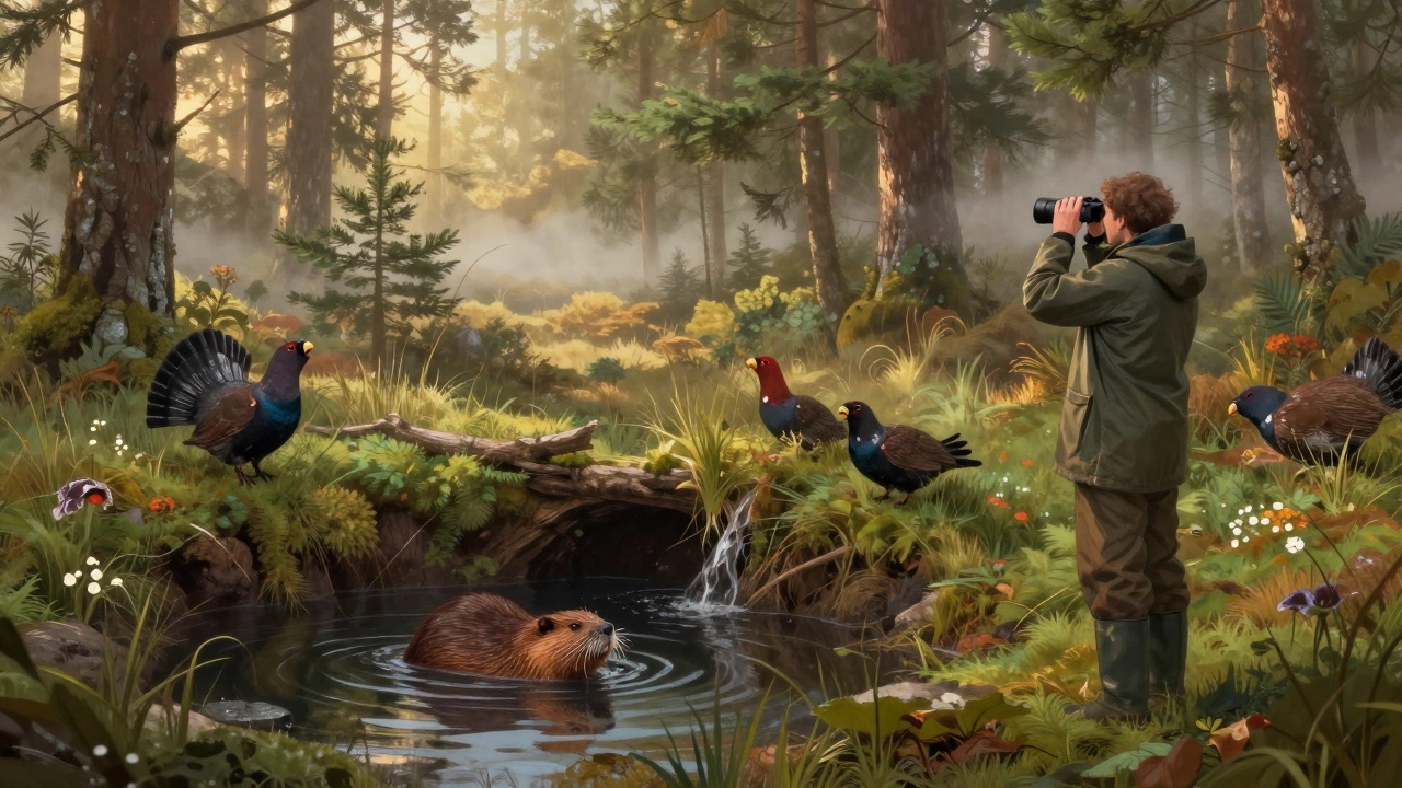 Beaver in a Scottish forest pond creating wetland habitat as volunteer observes rare birds.