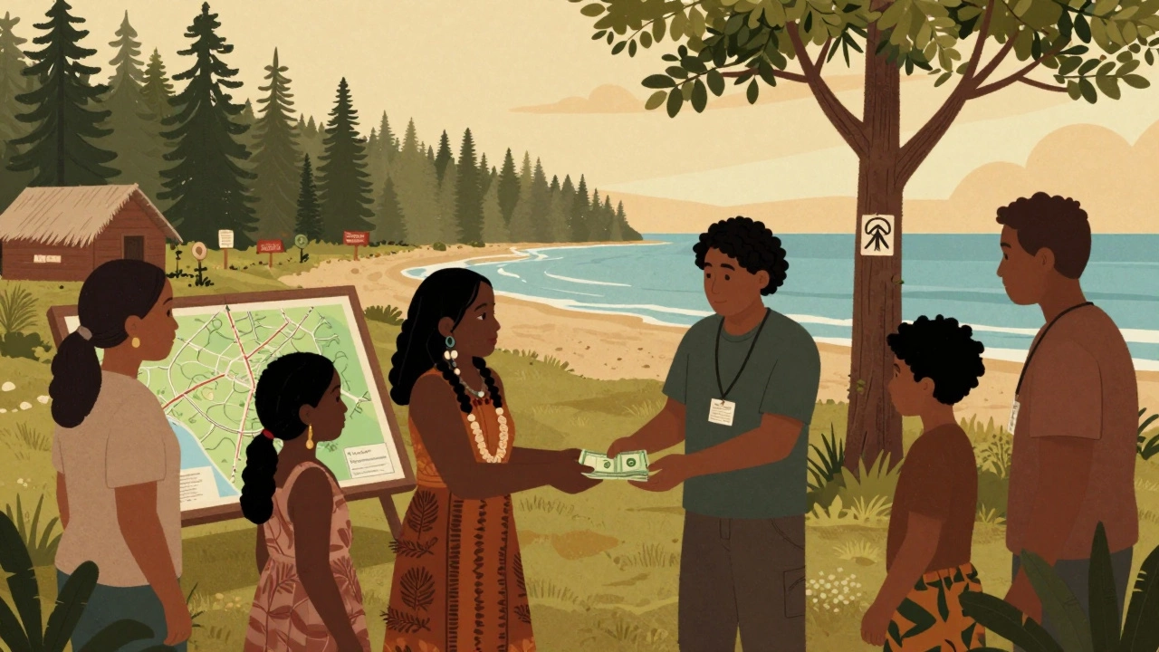 Charity workers giving payments to local families in a rainforest village, symbols of forest protection visible.