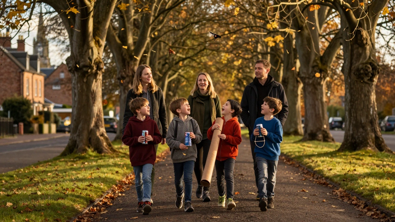 Children and adults walking together after school, holding handmade instruments made from recycled materials.