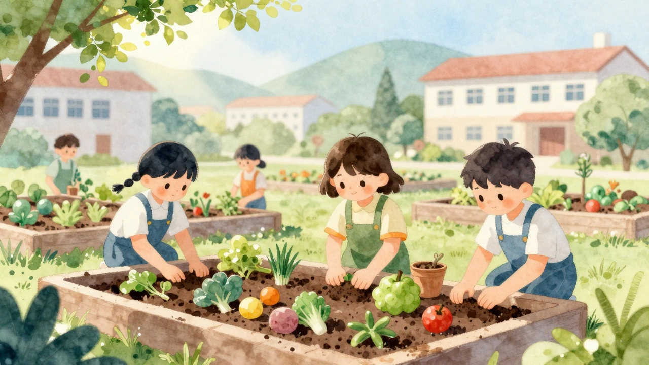 Children planting vegetables in a school garden during Fun Friday.
