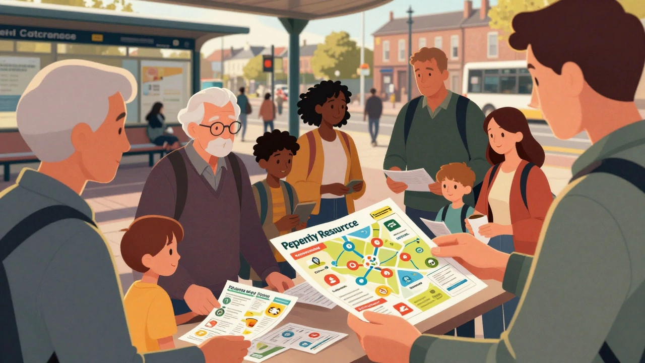 Diverse community members gathering around a colorful resource map at a bus stop.