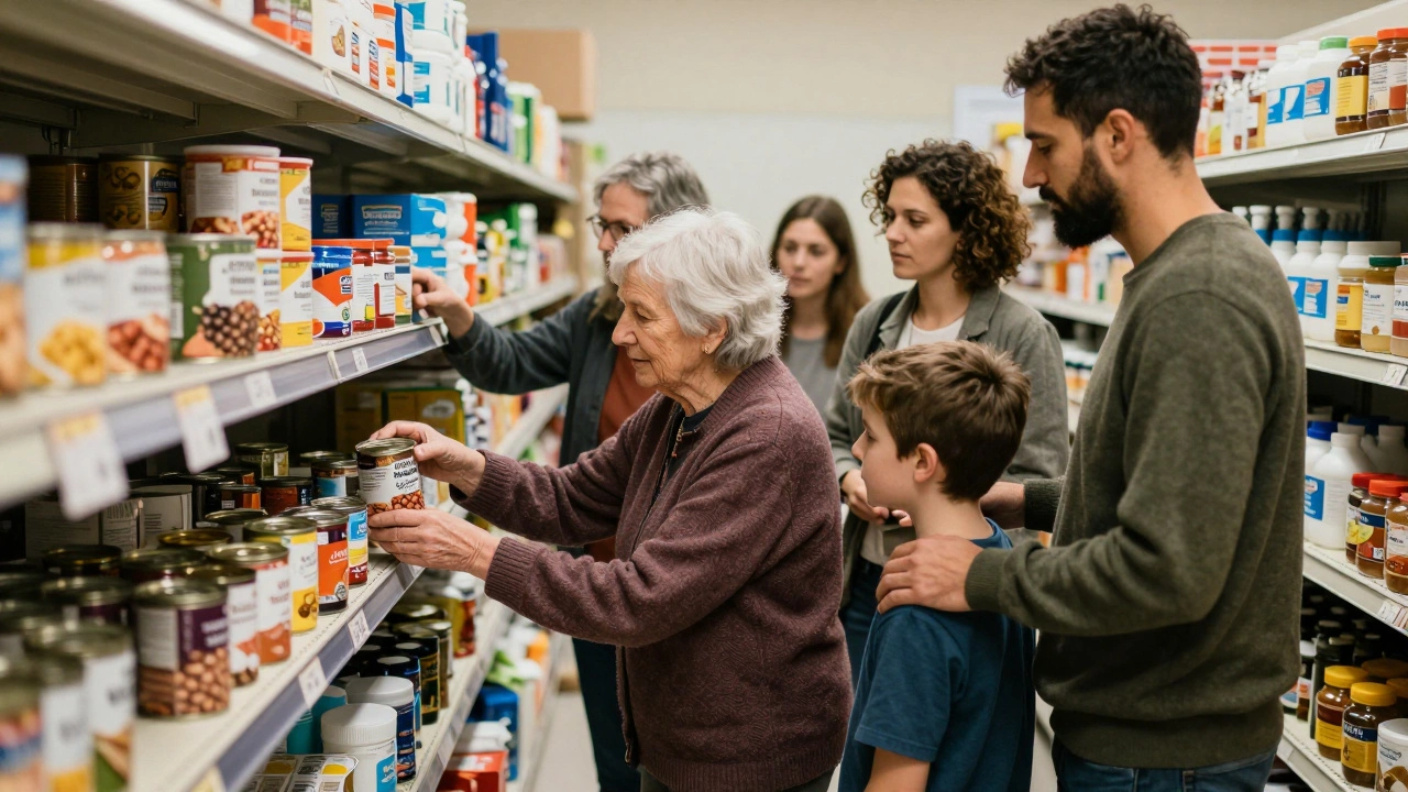 Diverse individuals selecting food items from open shelves at a Scottish food bank.