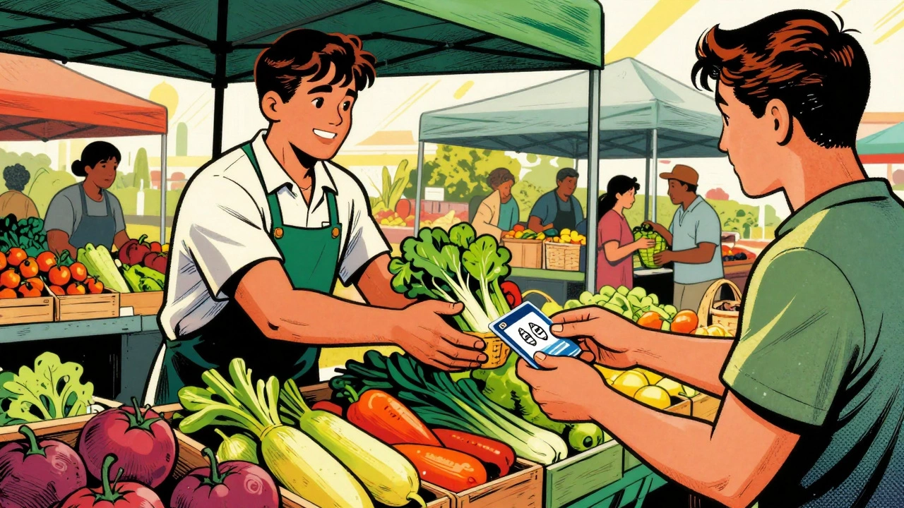 Farmers' market transaction with EBT card and doubled produce symbol.