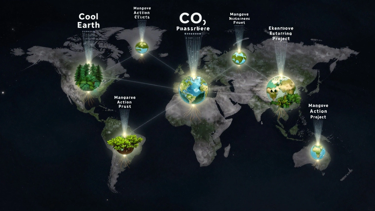 Glowing network of environmental charities connected by data streams, rooted in their local ecosystems.