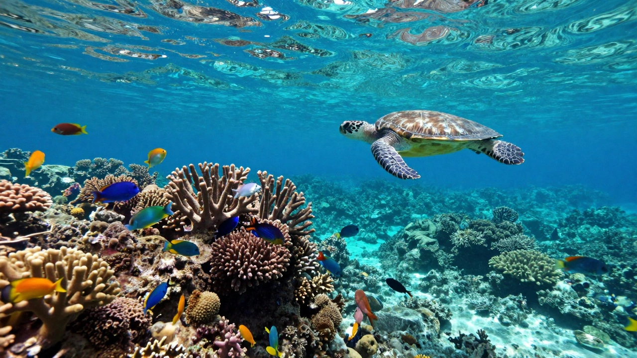 Great Barrier Reef underwater with vibrant corals and tropical fish schools.