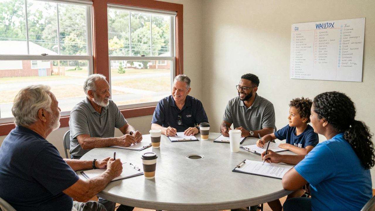 Local leaders and community members planning health initiatives together in a cozy center.