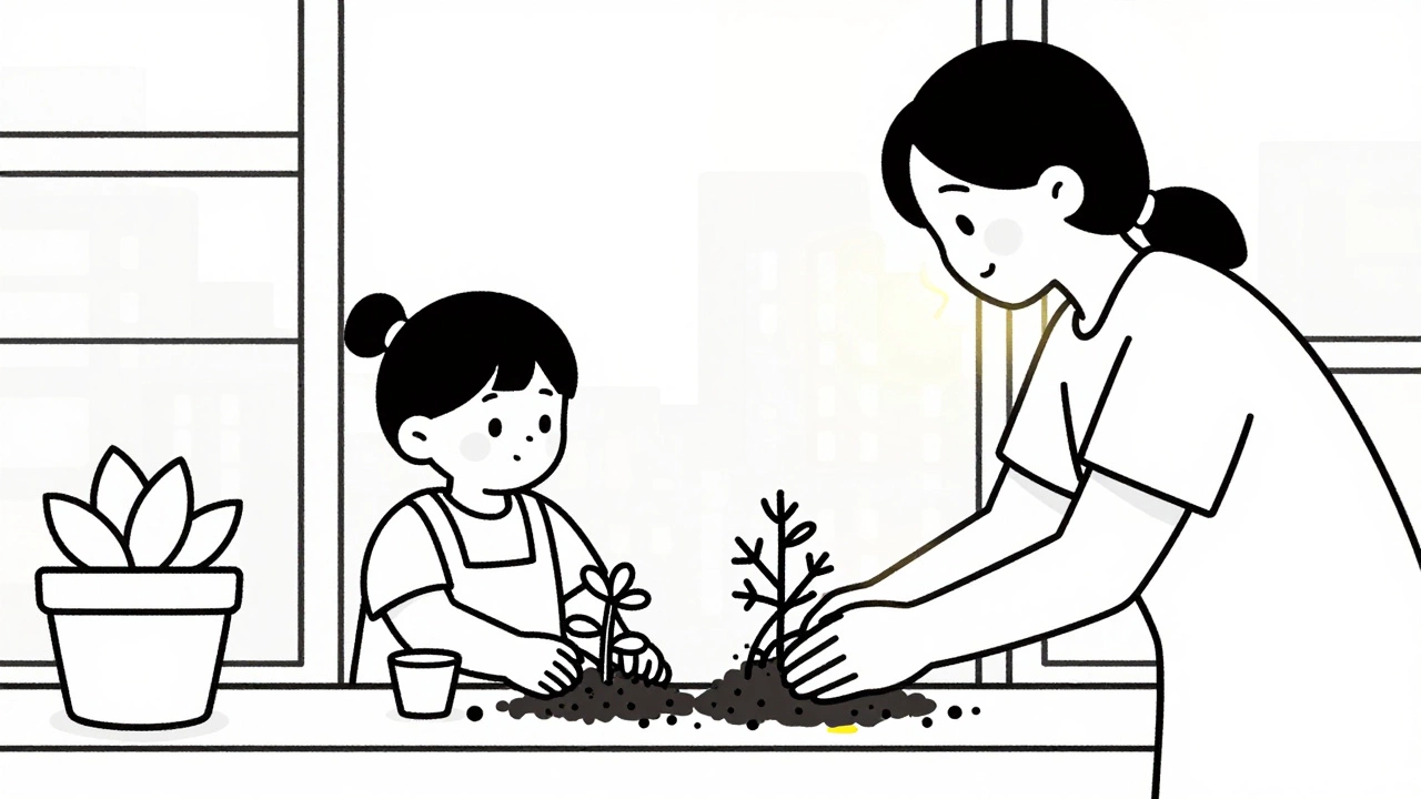 Parent and child planting herbs on a windowsill.