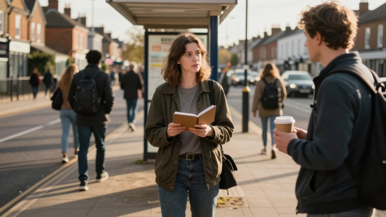 Someone waits patiently at a bus stop, ready to hear a stranger’s story.
