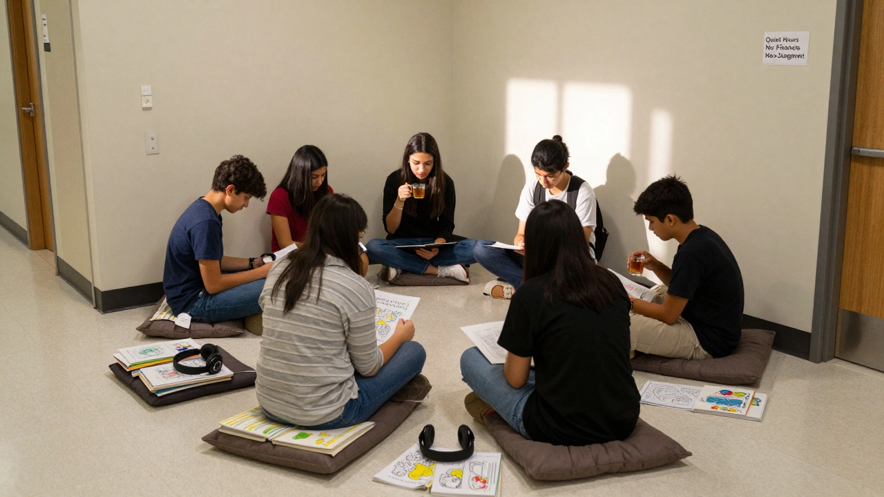 Students sitting quietly in a calming corner with headphones and coloring supplies.