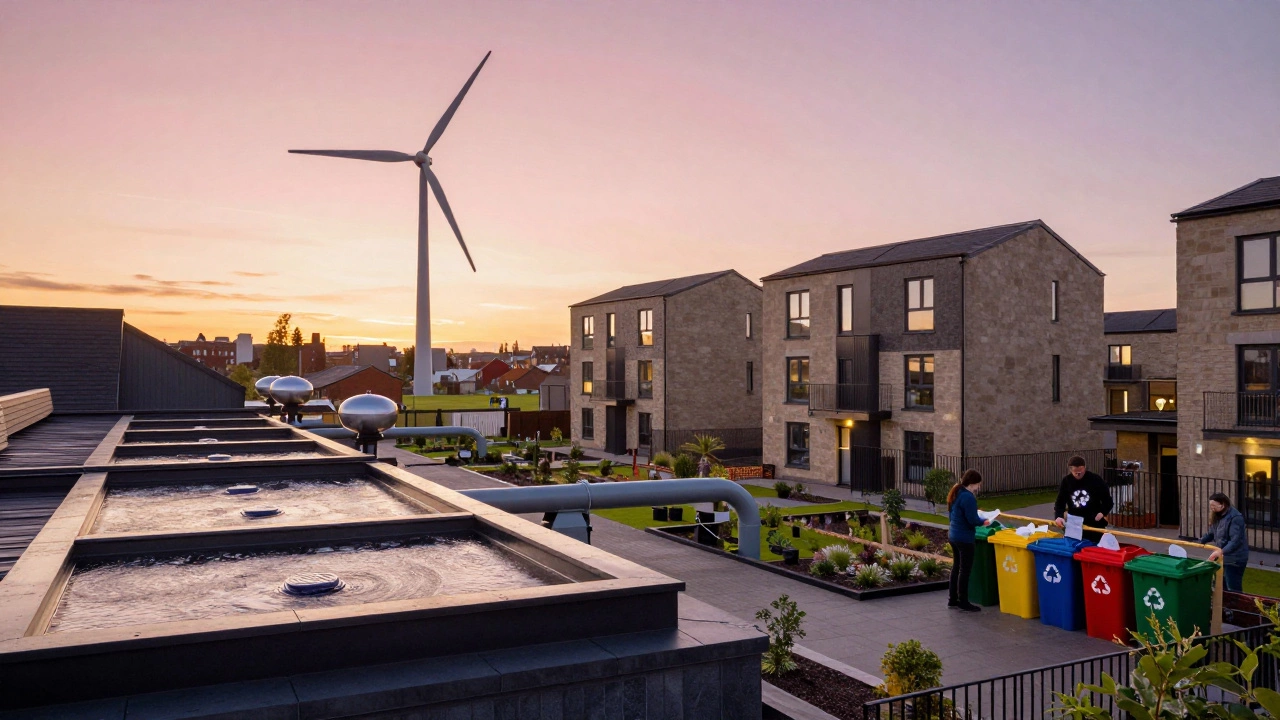 Sustainable housing with rainwater systems and recycling bins under a sunset sky.