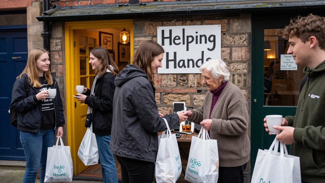 Teenagers deliver groceries to a neighbor at a cozy community hub with no branding.