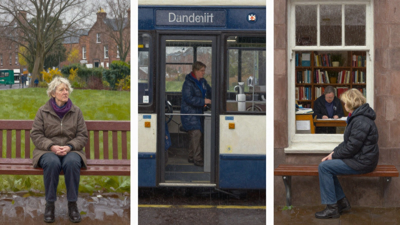 Three volunteers sit in quiet companionship with clients in different UK settings, bathed in soft natural light.