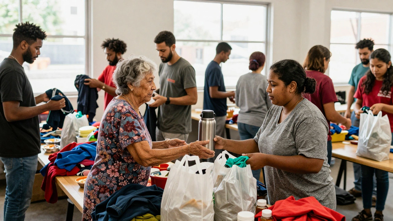Volunteers in modest clothing sort donations and serve meals at a community food bank, bathed in morning light.