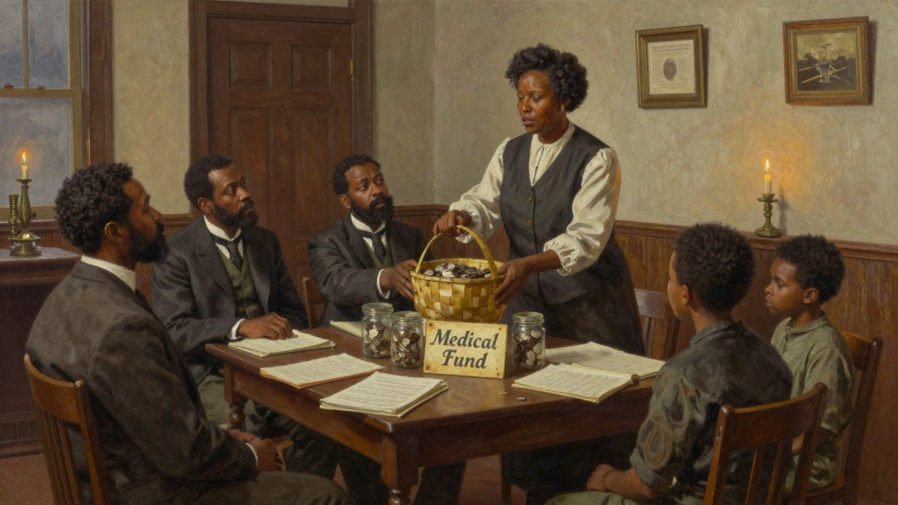 A Black mutual aid society meeting in a church basement, members passing a collection basket under candlelight.