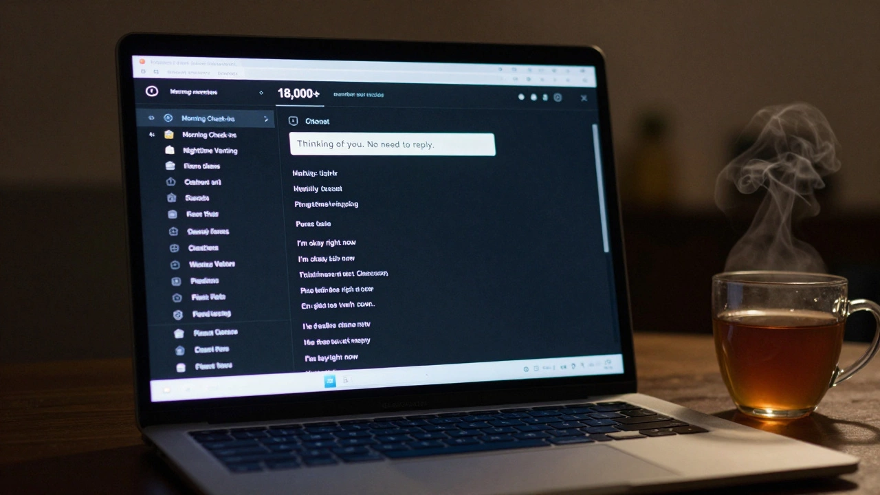 A Discord server interface showing quiet support channels, with a steaming teacup beside a dark laptop.