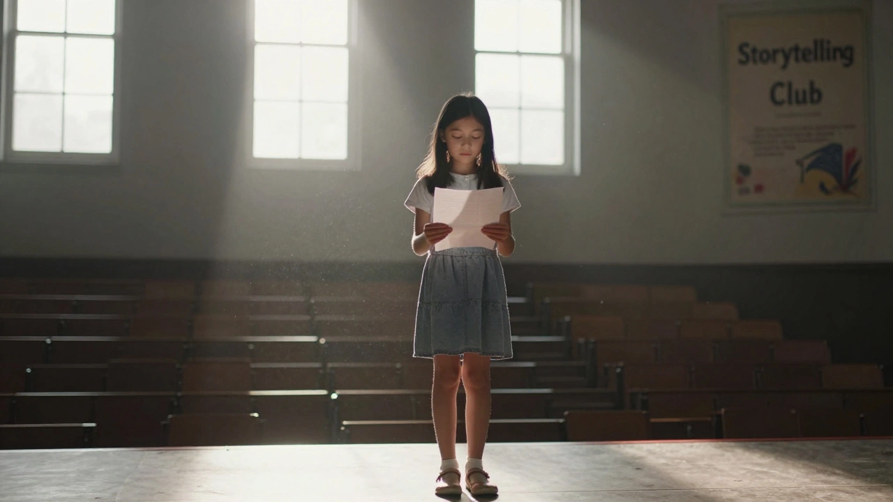 A girl reading aloud on a stage alone, sunlight streaming through windows.