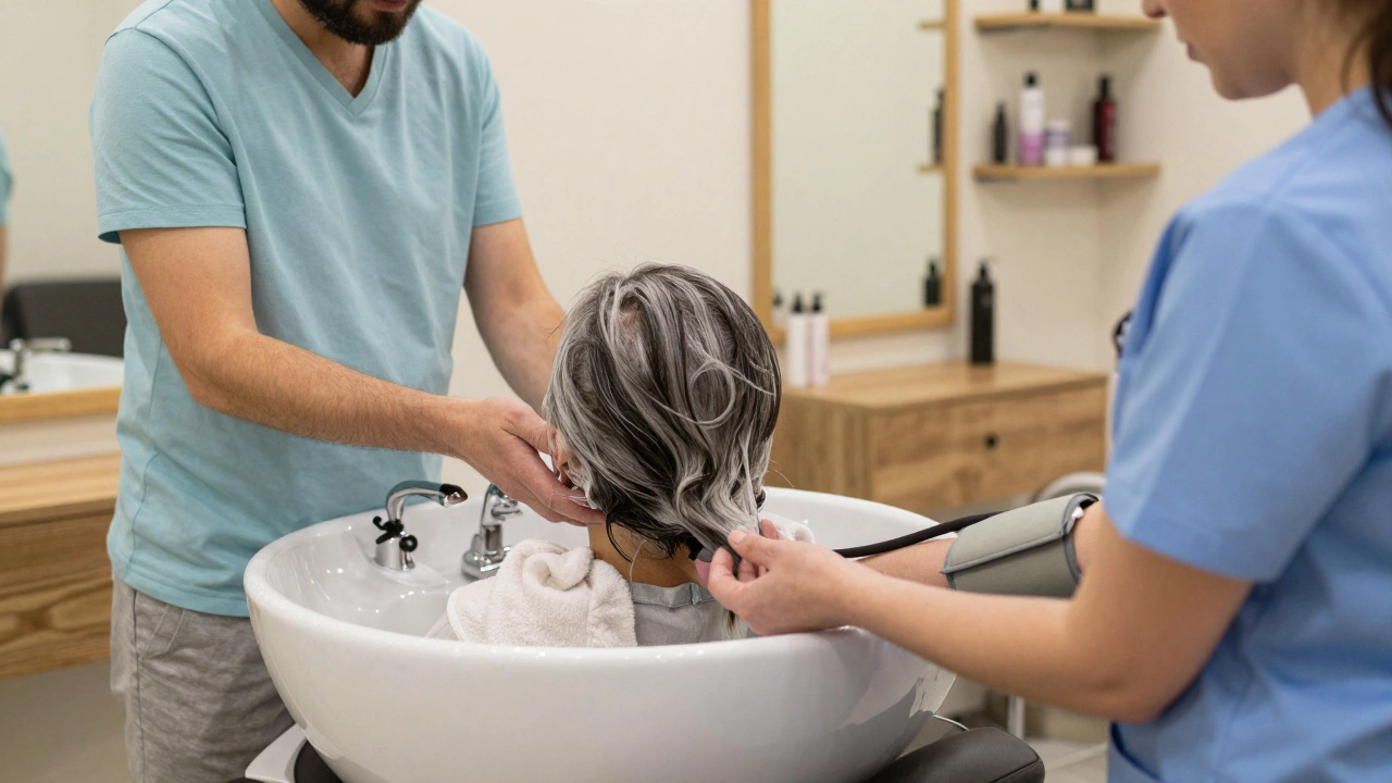 A hair stylist and healthcare worker share a quiet moment during a haircut.