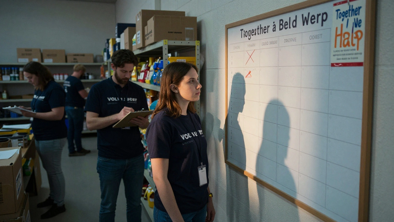 A new volunteer faces an empty shift board at a food bank, while staff struggle with overwhelming workloads.