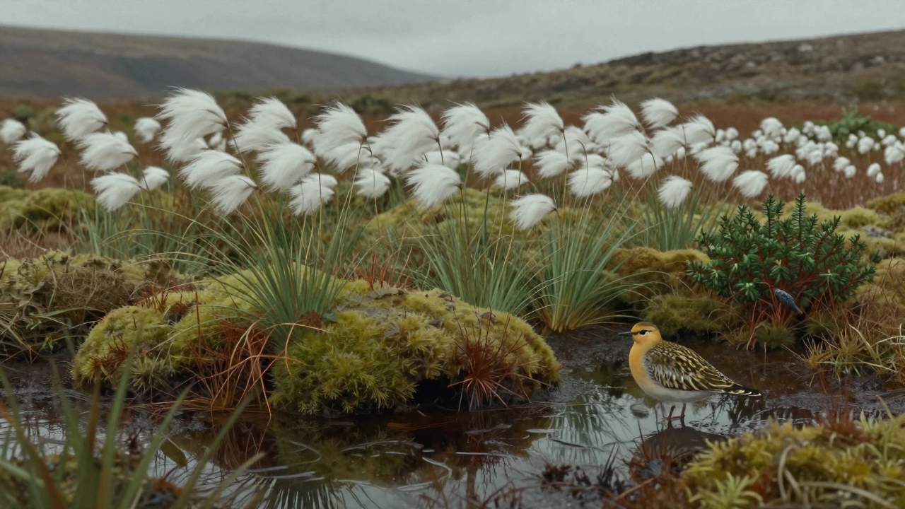 A peat bog in the Scottish Highlands with sphagnum moss, cotton grass, and a golden plover.