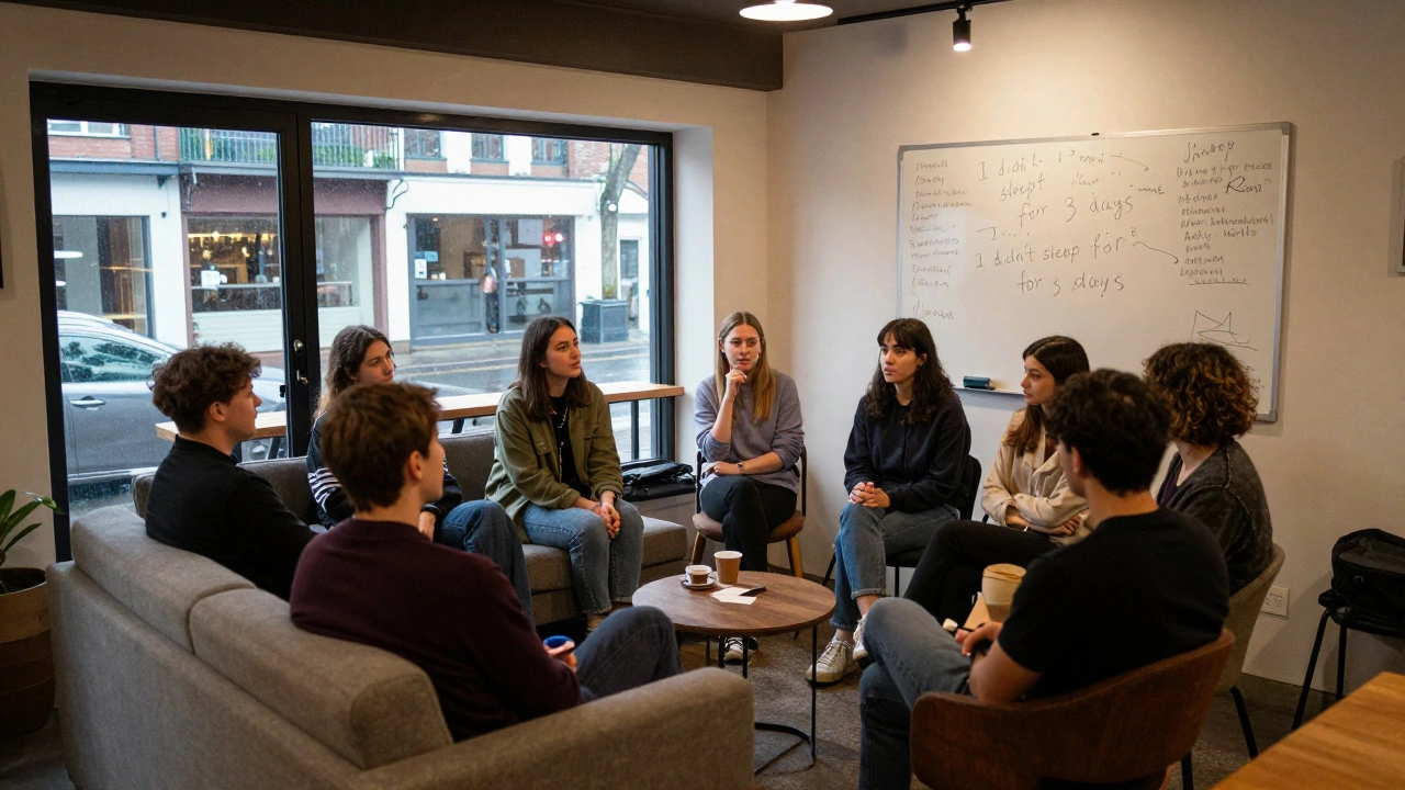 A peer-led group for people managing bipolar disorder meeting above a café, listening in solidarity.