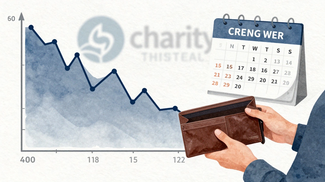 A person holding an empty wallet as income declines alongside a falling market, with medical bills and repair costs visible.