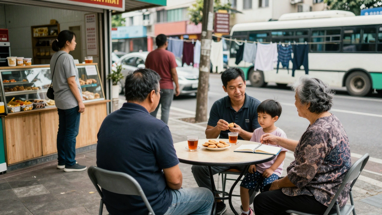 A simple table with tea and cookies outside a community center, where locals pause for quiet conversation on a Thursday morning.