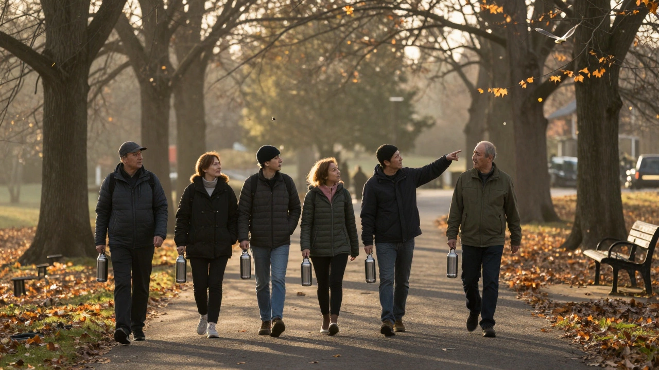 A small walking group enjoying a peaceful morning along the James River trail in Richmond.