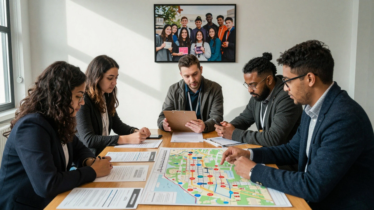 A team of organizers planning a charity ball with timelines, letters, and a photo of those they help.